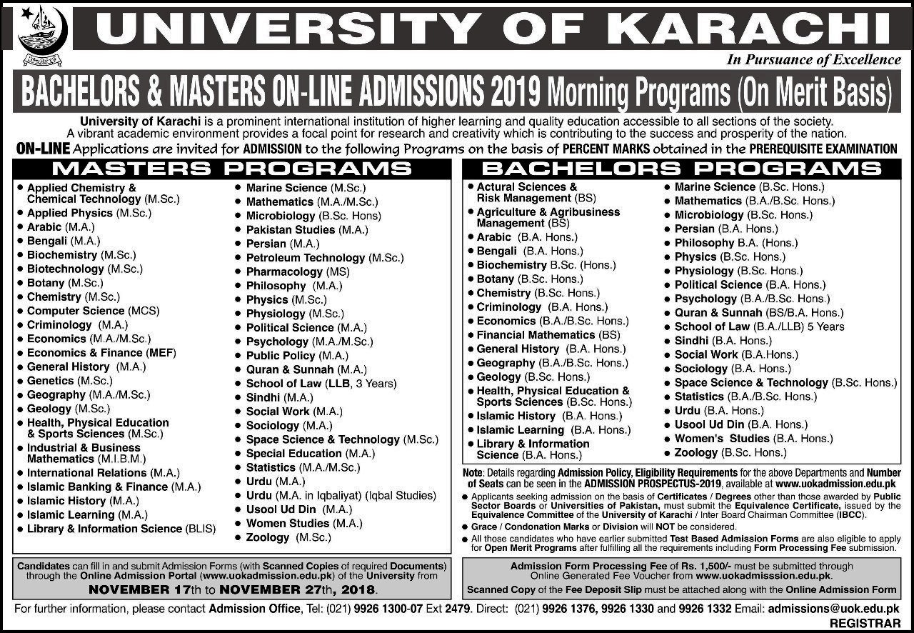 Uok University Of Karachi Admission 2019 Last Date Fee Structure