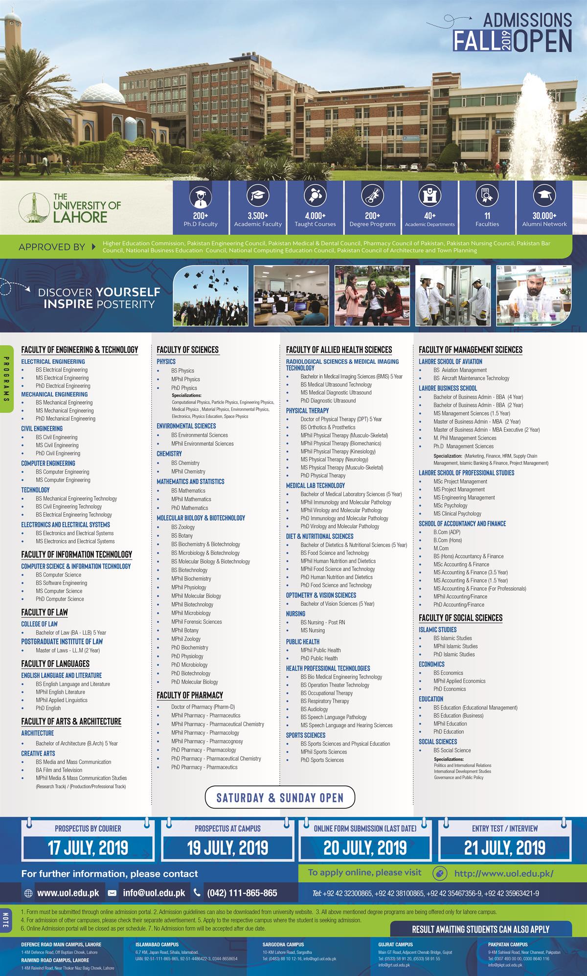 UOL Lahore Admission Advertisement 2019
