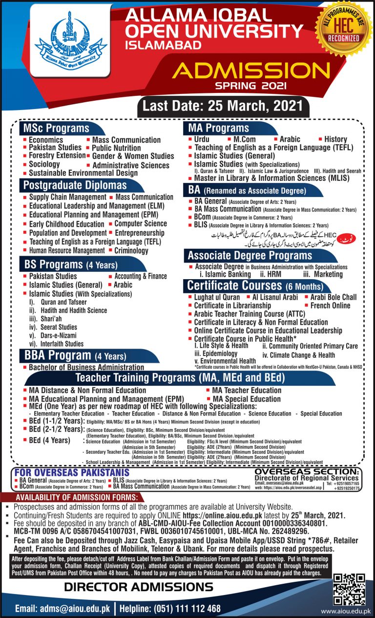 AIOU Admission 2021 Last Date and Admission Form Download ...