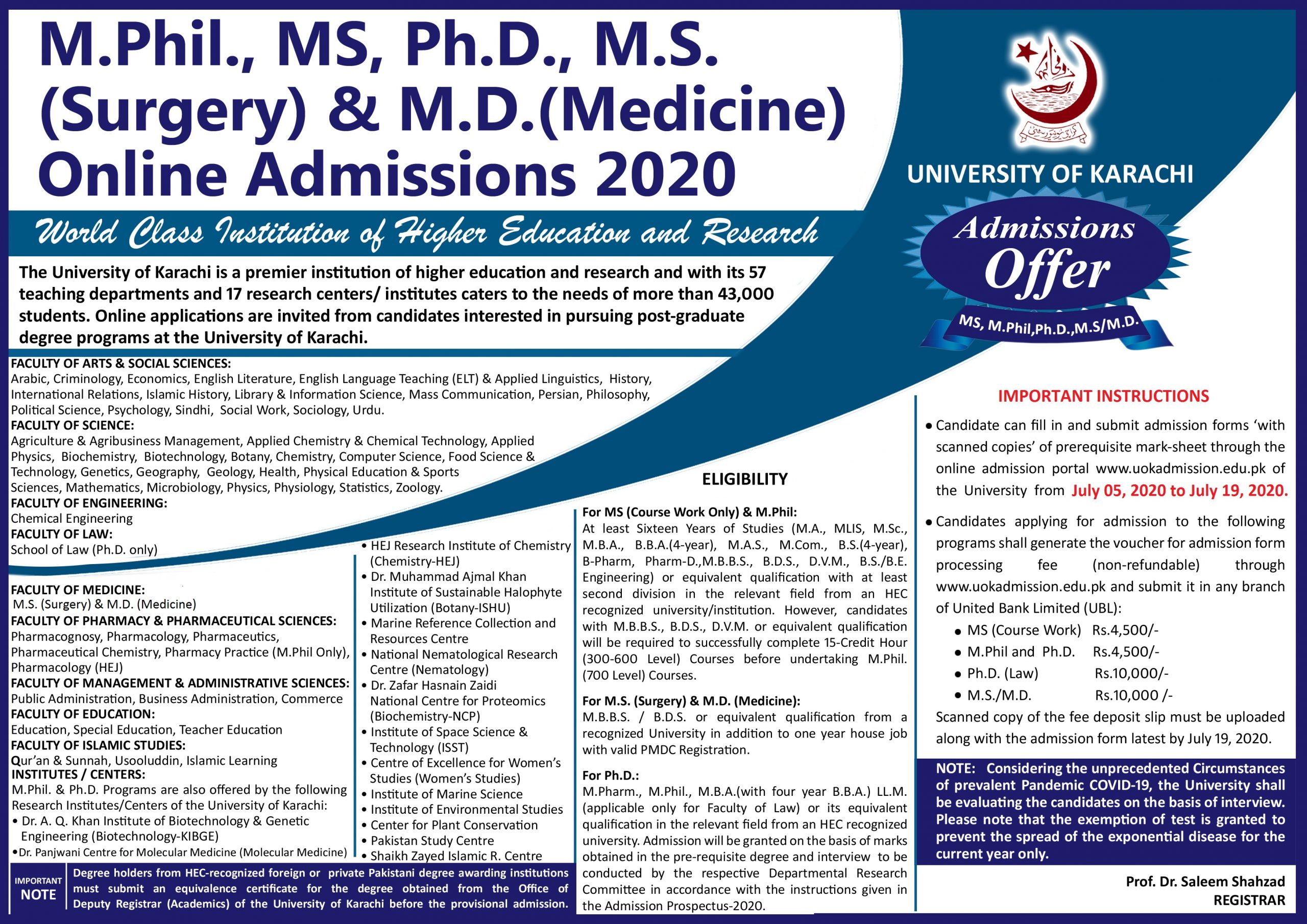 UOK University of Karachi Admission 2020 Last Date, Fee Structure and
