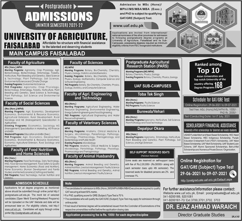 UAF University of Agriculture Faisalabad Admission 2021 Last Date, Fee