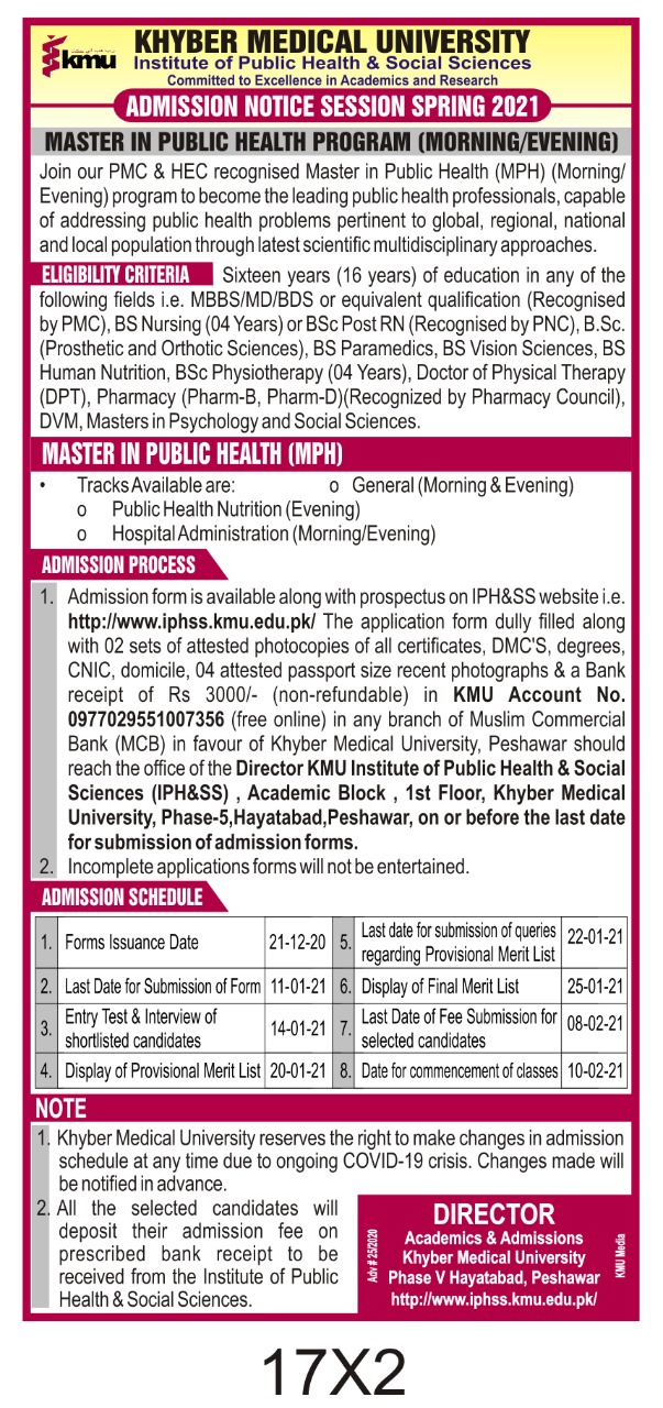 KMU Peshawar Admission 2021 Last Date and Fee Structure