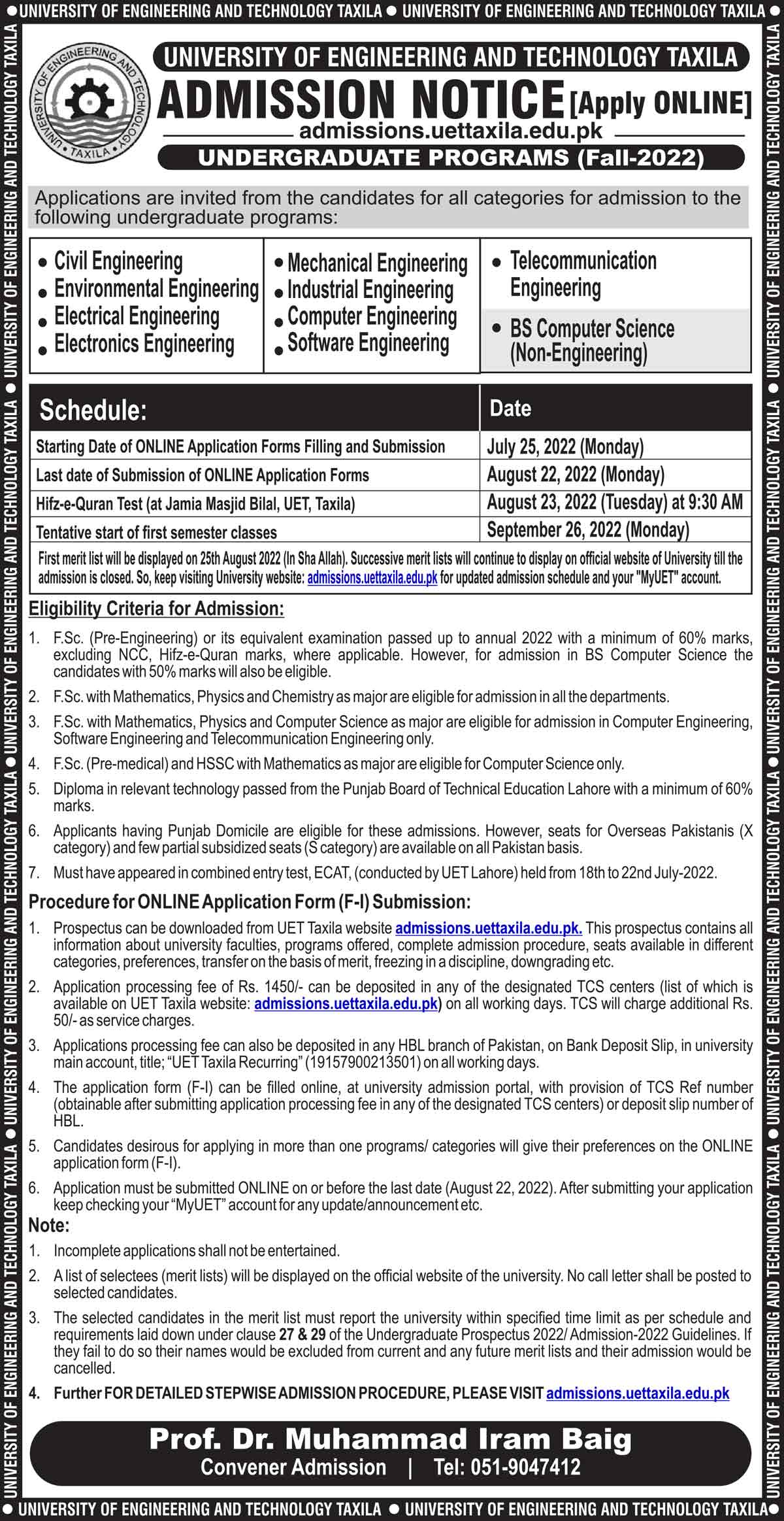 UET Taxila Admissions 2022 last date