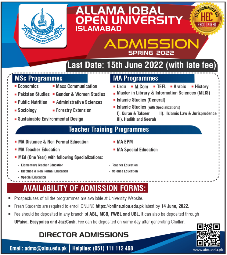 AIOU Admission 2022 Last Date and Admission Form Download FA, BA, MA