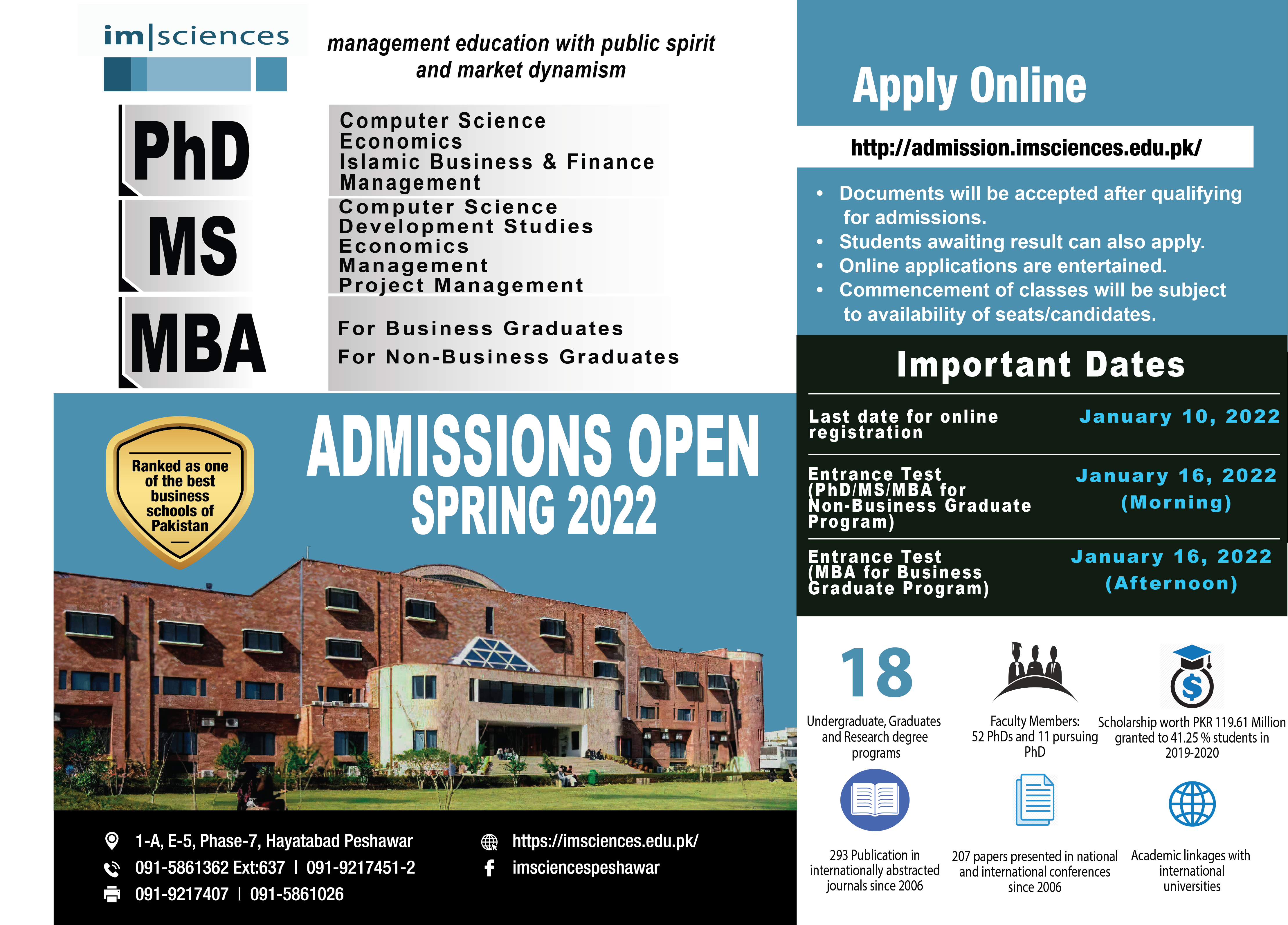 IMSciences Mba Mphil PhD admission advertisement 