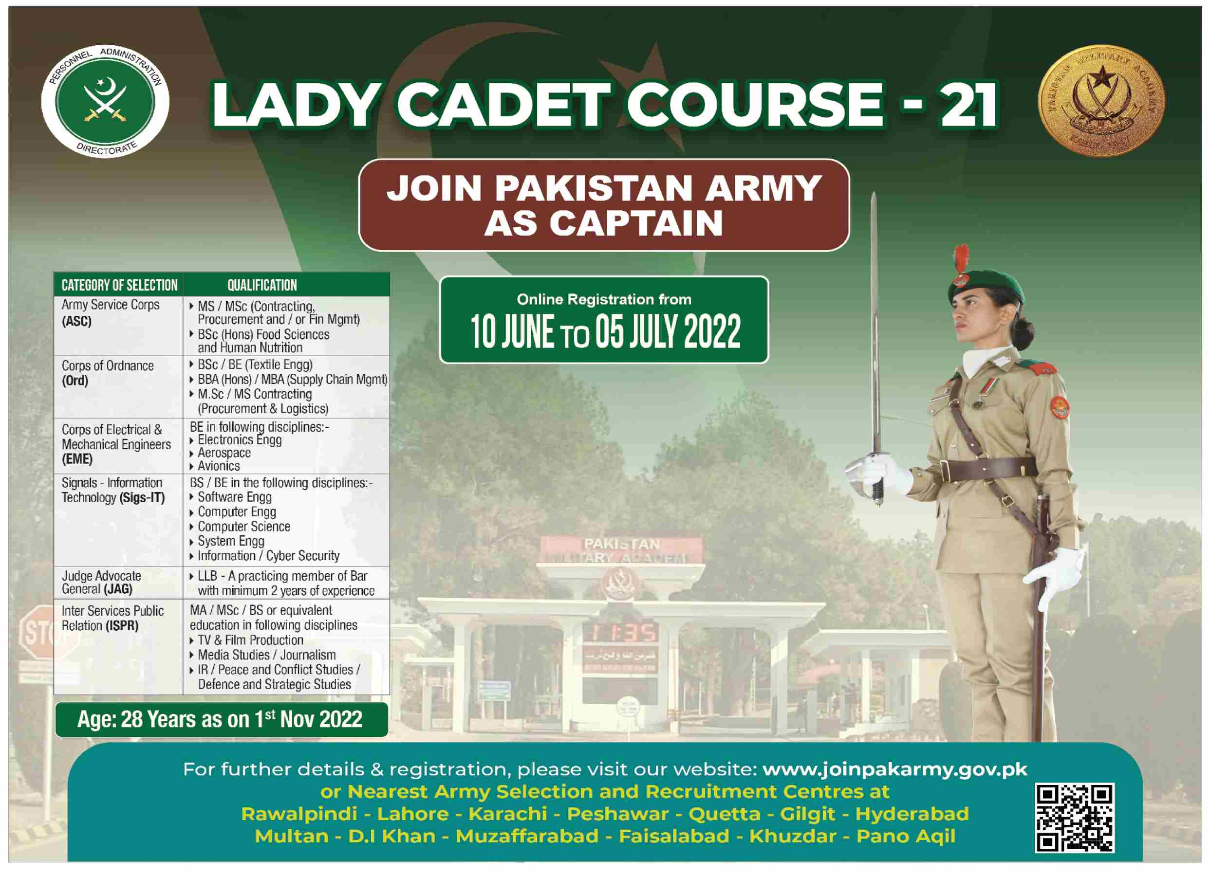 Join Pak Army as Lady Cadet Course Female 2022