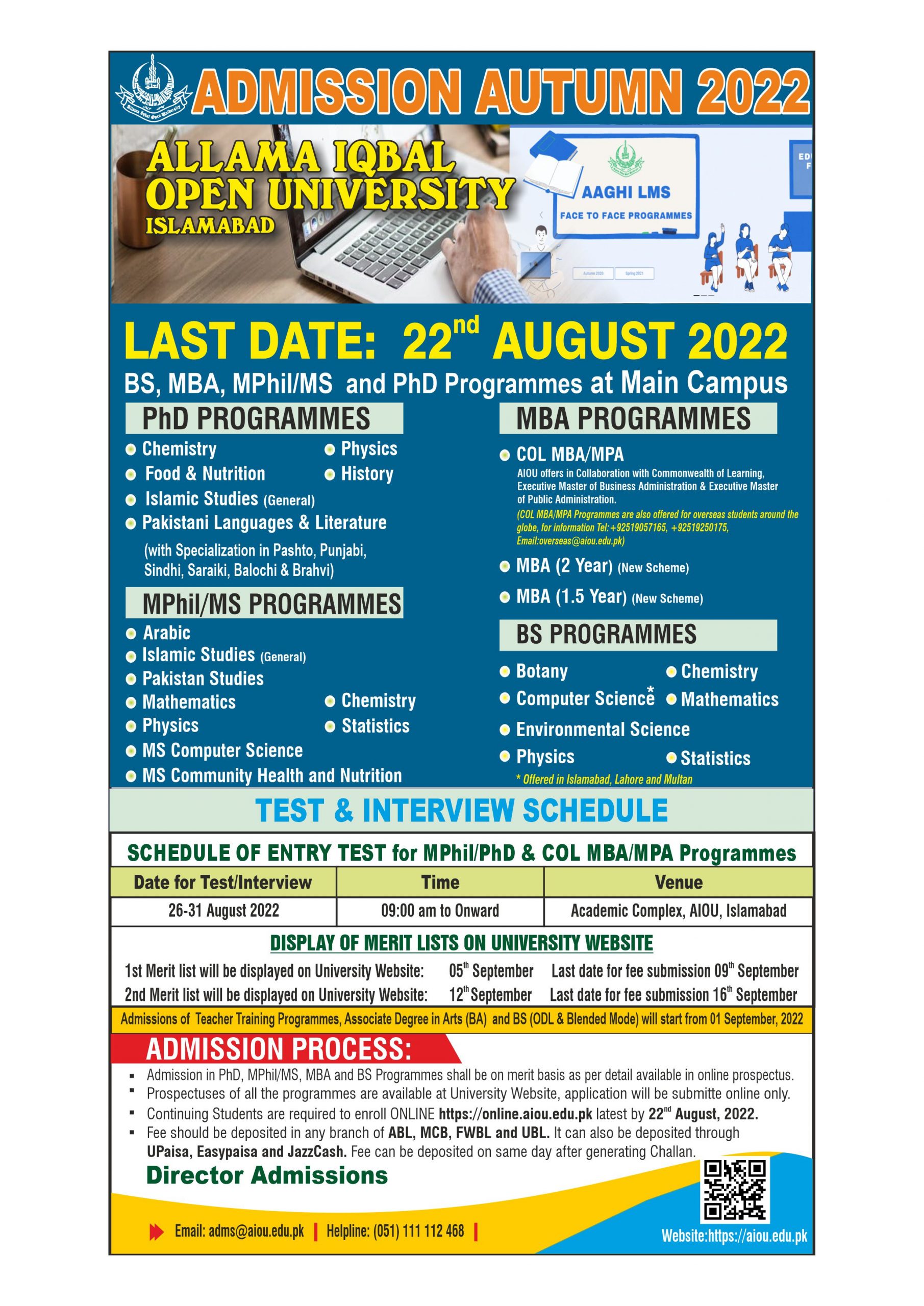 AIOU admission 2022 last date advertisement autumn semester August