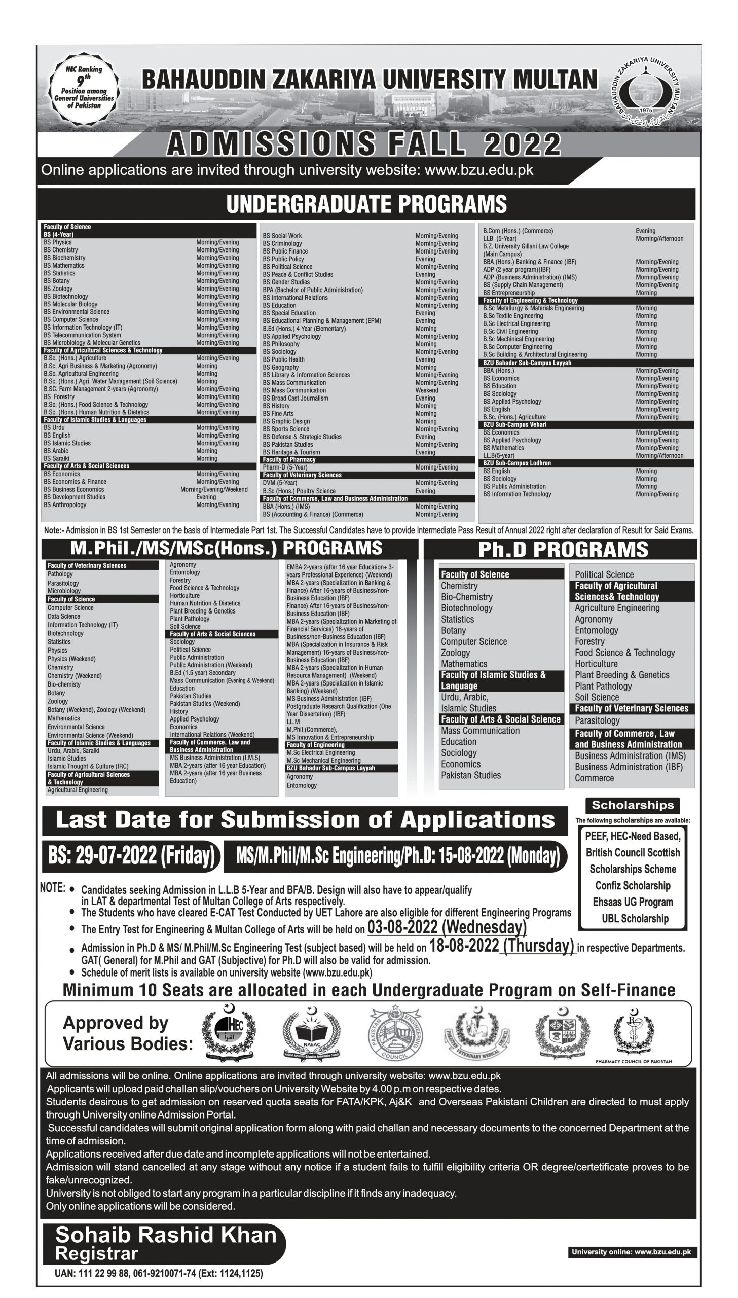 BZU Multan admission 2022 last date advertisement