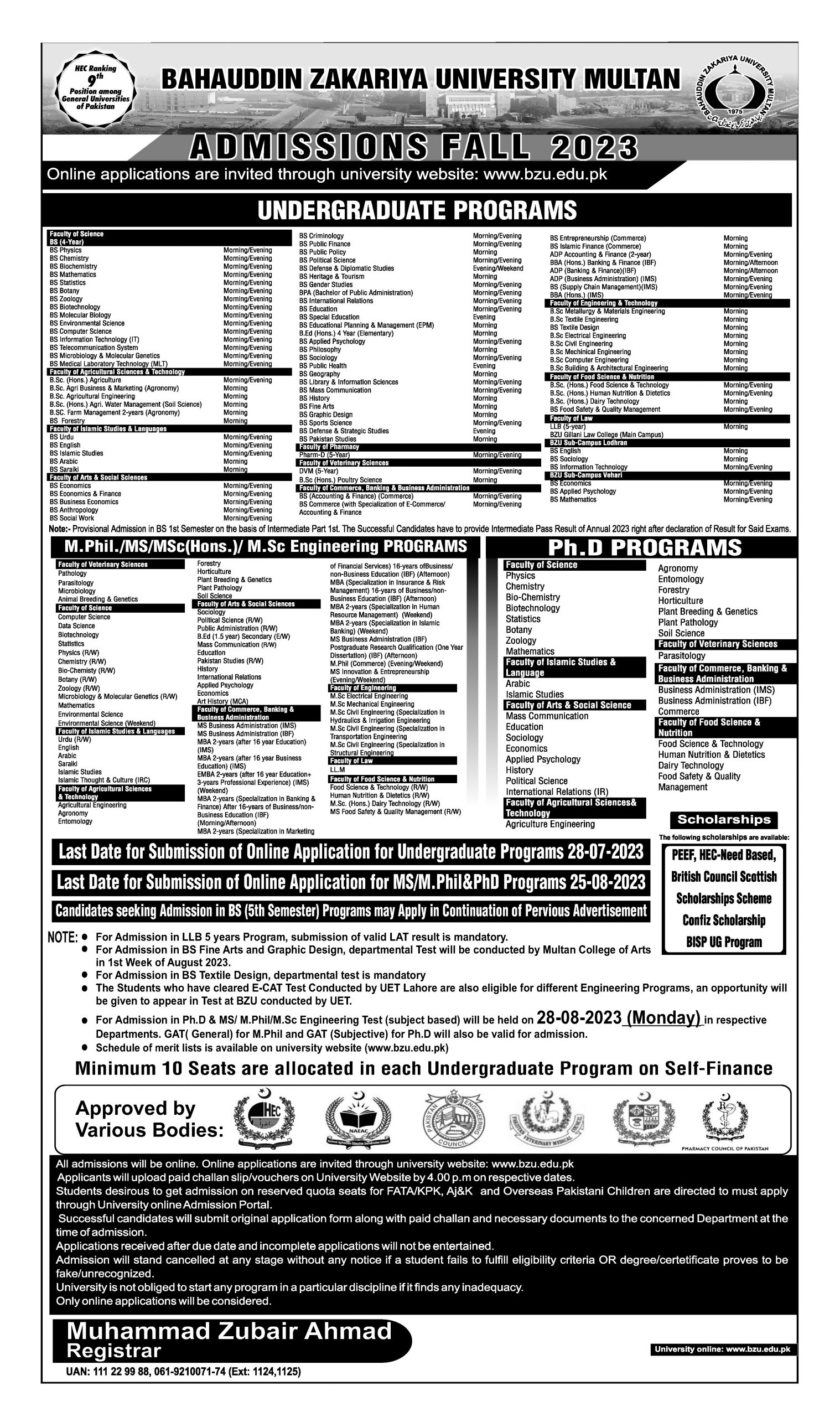 BZU Multan Admission 2023 last date advertisement