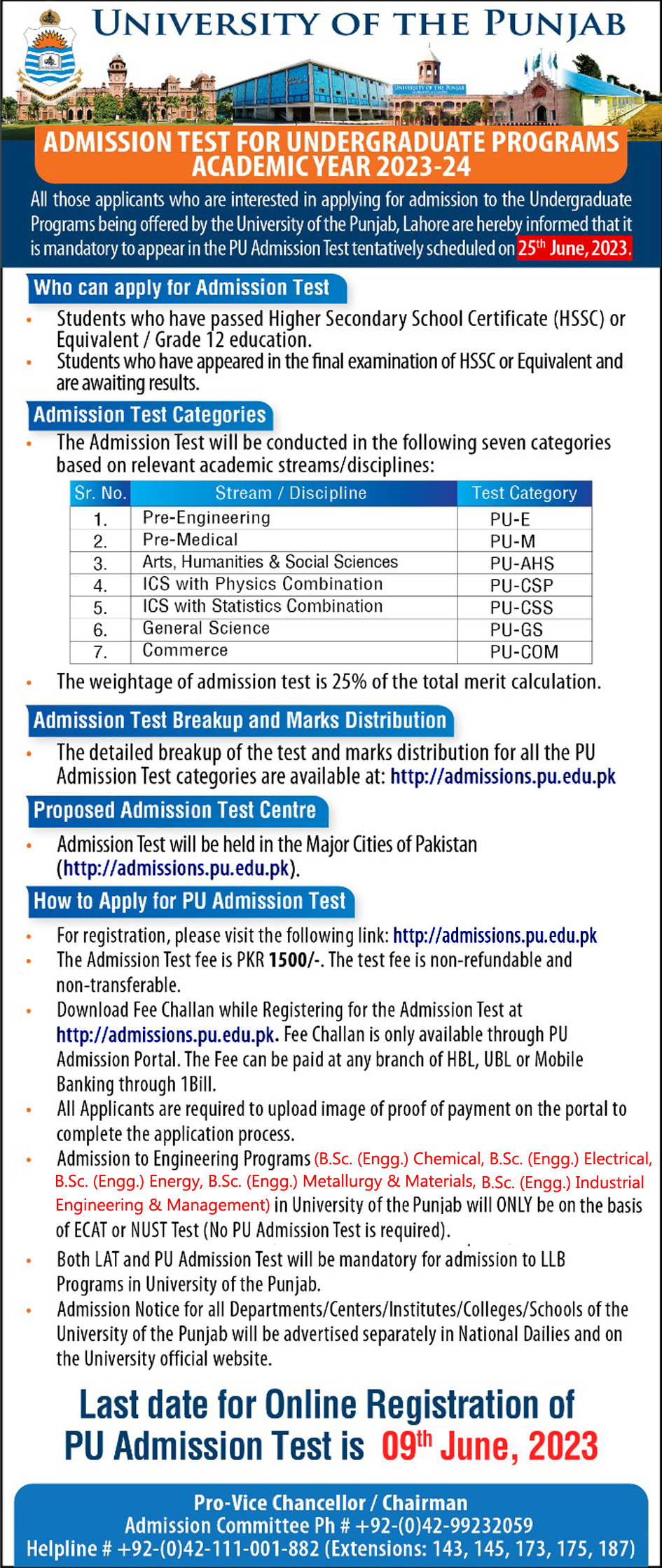 PU Punjab University Admission 2023 Last date ad