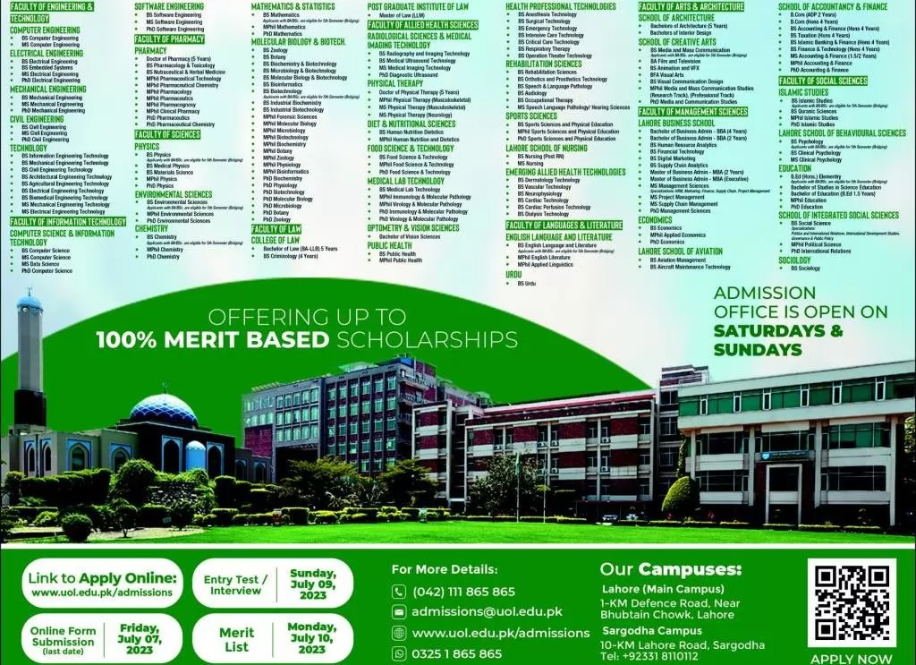 University Of Lahore - Admissions Open - Spring-2022 - Phase-2 Last Date to  Apply: 22-01-2022 Link: admissions.uol.edu.pk Email: admissions@uol.edu.pk  Whatsapp: 0325 1865865 Fee Structures