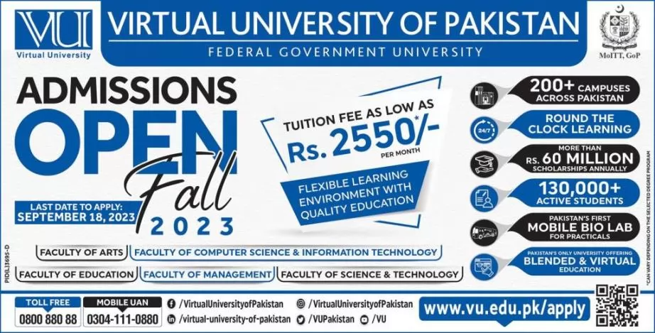 VU Virtual university of Pakistan admission 2023 last date