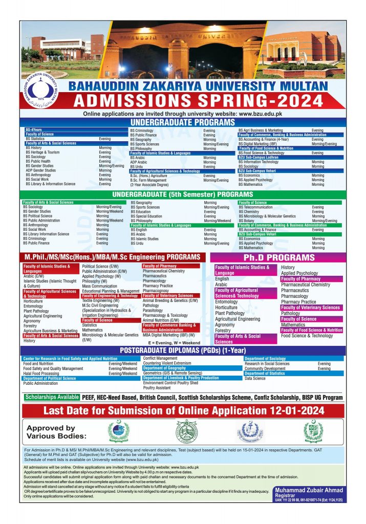 BZU Multan Admission 2024 Last Date and Fee Structure
